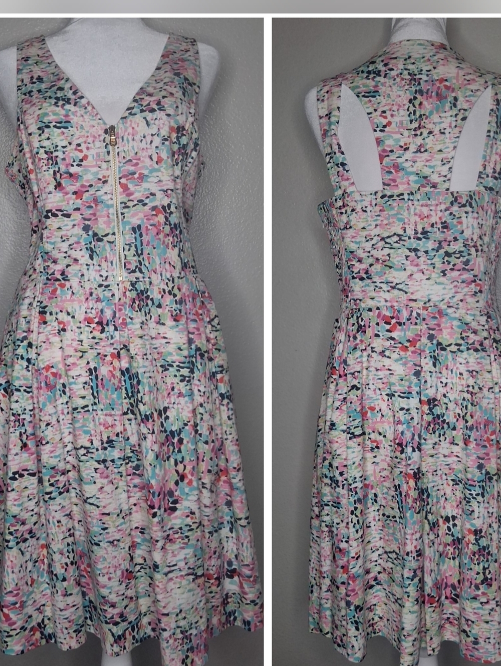 Guess Cocktail Dress Multicolor Sleeveless Smocked Sides Gold Zip Detail Size 12